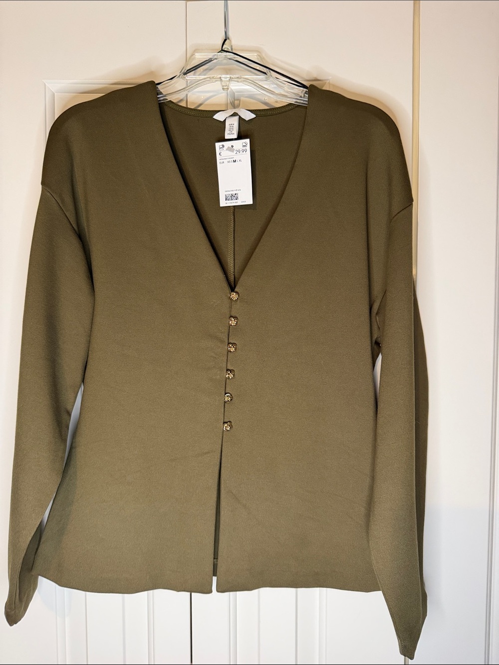 H&M Olive Green V-Neck Long Sleeve Top with Button Detail